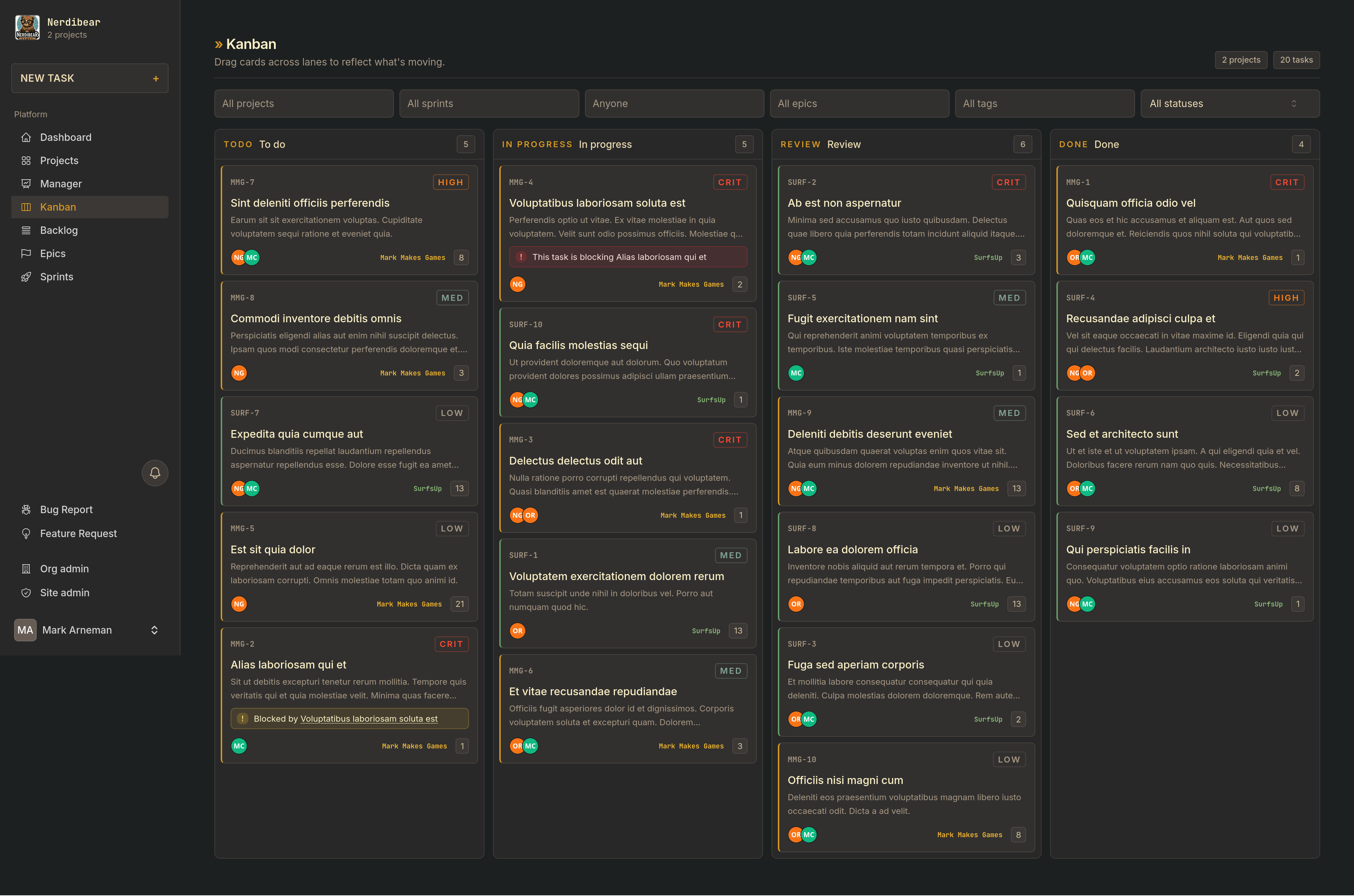 mPM kanban board screenshot